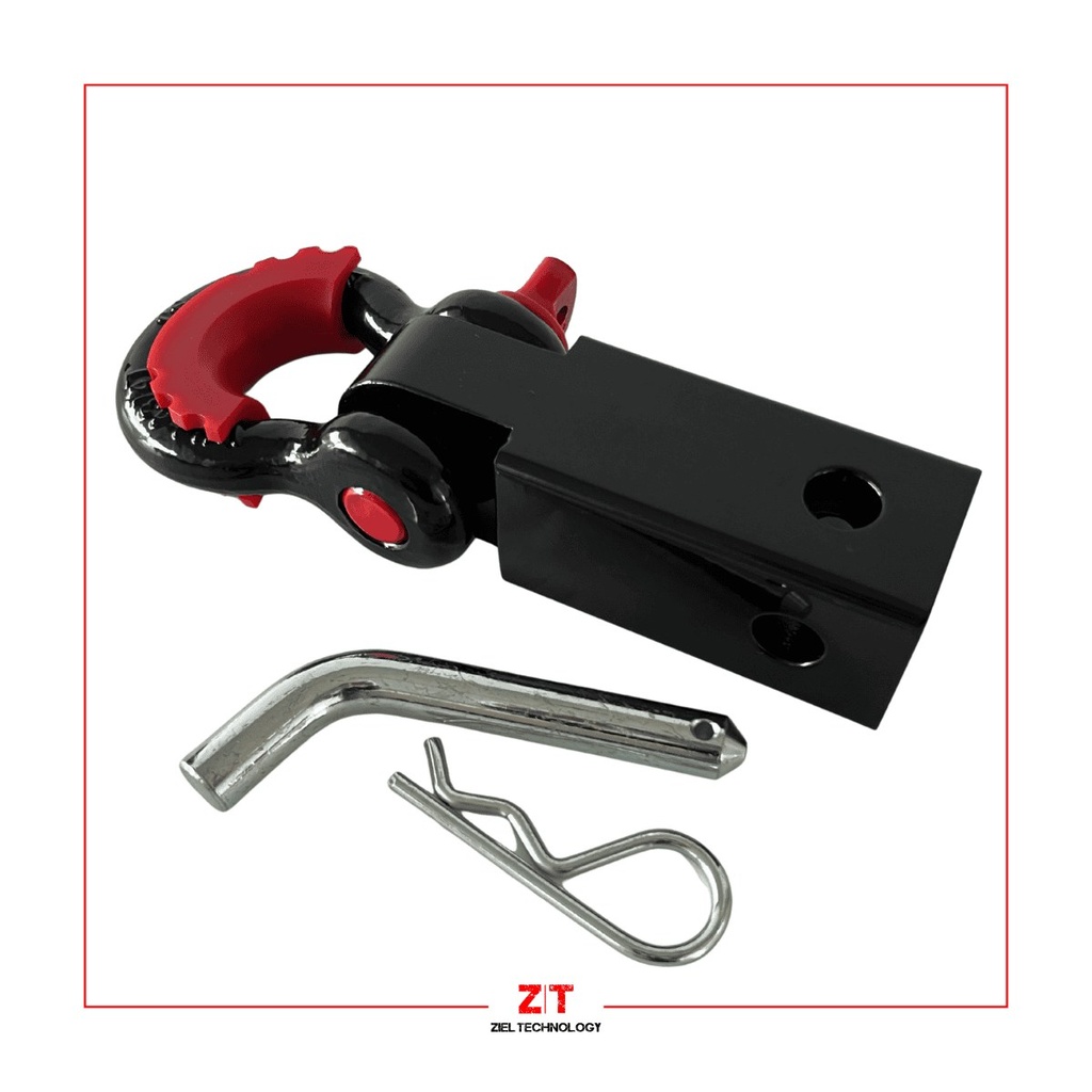 ZT Kit de enganche completo 15 cm de largo. Material acero macizo. Diametro de 49x49mm, pintura negra brillante grillete con capacidad de carga de 4.75 Toneladas de 3/4 rojo con protector de cuerda plastico y perno traba. Carga de rotura del grillete: 19 Toneladas Caja de Carton