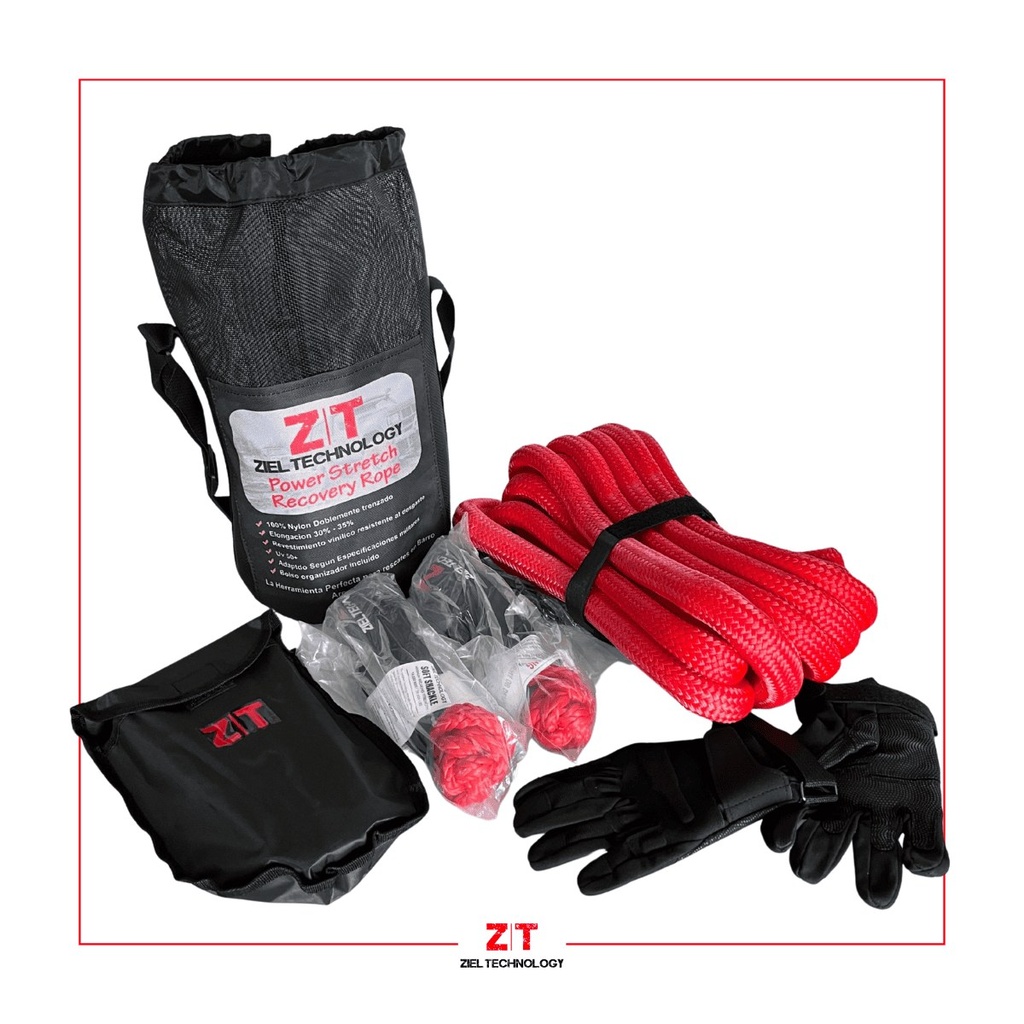 ZT Kit de Rescate con Estuche, 100% Nylon (uso militar) doble trenzado ( 1 cuerda sintetica de 9 metros resiste hasta:10.8 Toneladas, (con revestimineto vinilico en los exteremos resitente al desgaste), 2 grilletes de cuerda sintetica resite hasta:18 Toneladas, Pala metalica plegable con funda, Guantes reforzados) Elongacion 30-35% Caja de Carton