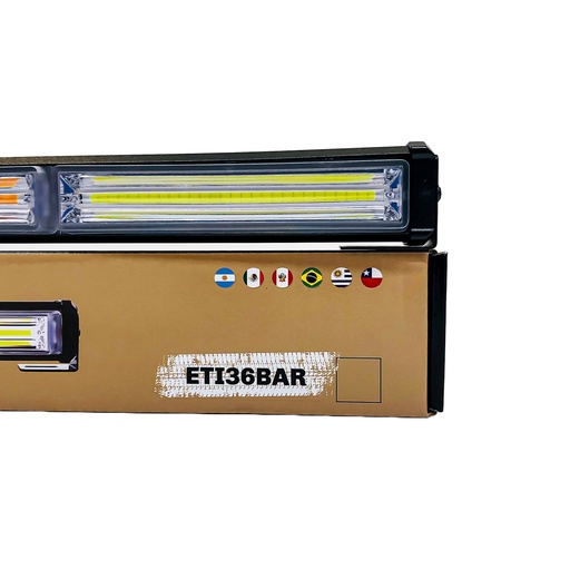 [ETI36BAR] Off Road Barra LED COB Dual - 12-36V Blanca y ámbar 3 Bloques COB 45W Flash 10 Funciones 450X40X45MM Incluye Toma a 12V con Interruptor On / Off y Manejo de Funciones Destellantes